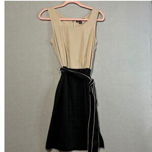 DKNY Donna Karan Dress‎ Womens 4 Beige Black Sleeveless Belted Silk Linen Wool